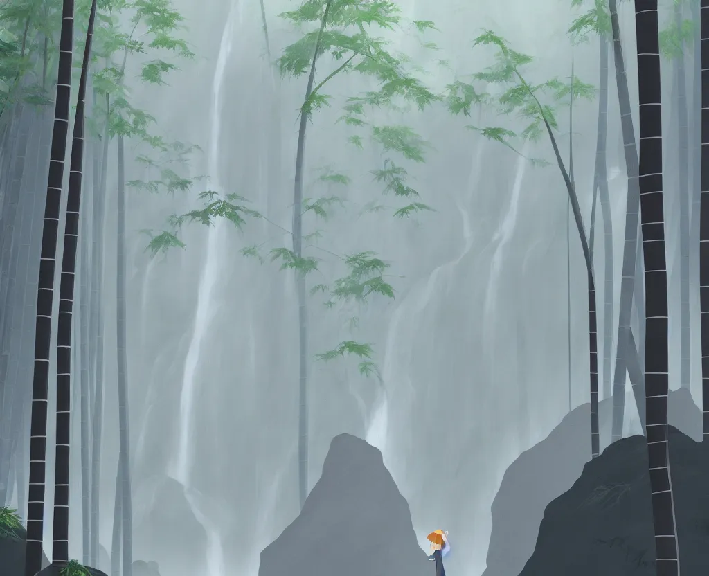 Image similar to a solitary figure in a misty japanese bamboo forest, cell shaded, huge waterfall, large rocky mountain, drawing, stylized anime, sun rays, soft, by hayao miyazaki, ghibli studio, makoto shinkai, toei animation, studio trigger, trending on artstation, 4 k, hd