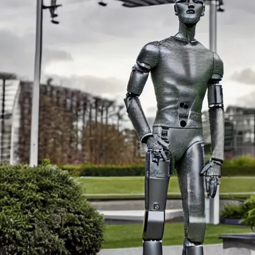 Image similar to a realistic detailed photo of a guy who is an attractive humanoid who is half robot and half humanoid, who is a male android, soccer player martin ødegaard, shiny skin, posing like a statue, blank stare, by the pool, on display, showing off his muscles, humanoid robot, frozen ice statue