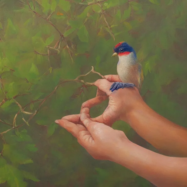 Prompt: a beautiful painting of a bird in hand is worth two in the bush, highly detailed, 8 k resolution