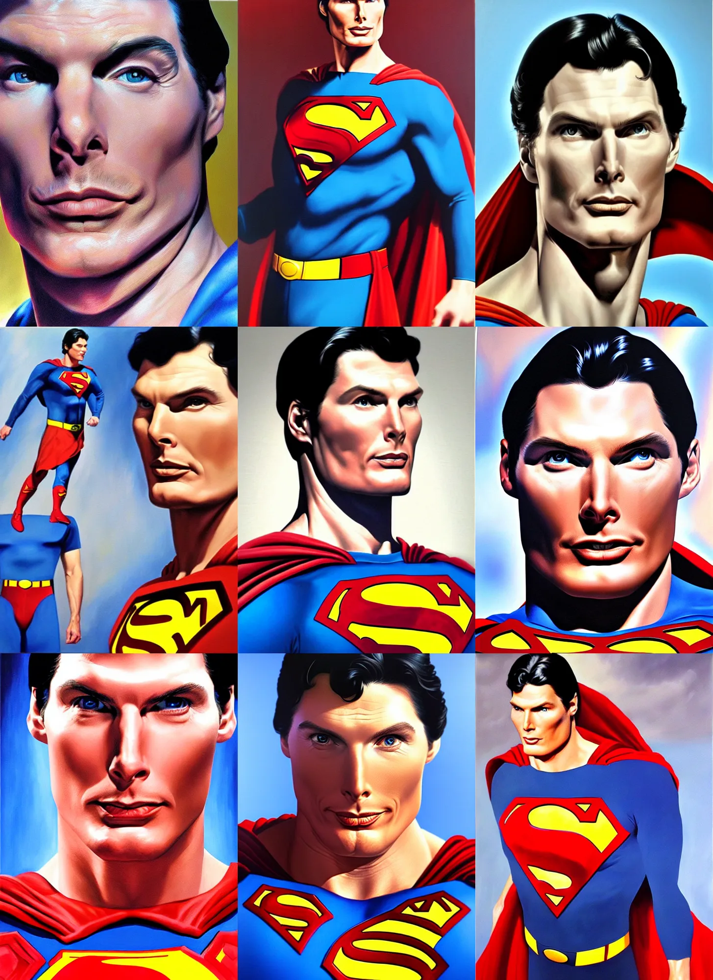 Prompt: dynamic macro head portrait of hyper - realistic christopher reeve!!! wearing superman costume, painting by alex ross, oil painting photo real
