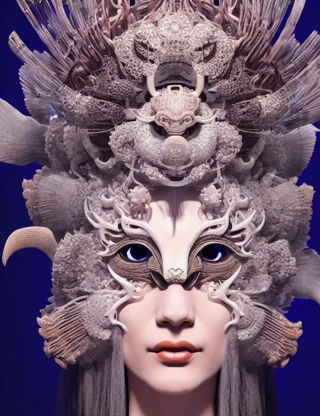 Image similar to 3 d goddess close - up 3 / 4 portrait with ram skull. beautiful intricately detailed japanese crow kitsune mask and clasical japanese kimono. betta fish, jellyfish phoenix, bio luminescent, plasma, ice, water, wind, creature, artwork by tooth wu and wlop and beeple and greg rutkowski