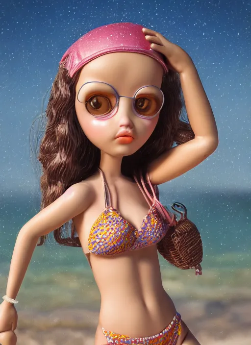 Image similar to closeup profile portrait of tin toy bikini girl beach, depth of field, zeiss lens, detailed, symmetrical, centered, fashion photoshoot, by nicoletta ceccoli, mark ryden, lostfish, breathtaking, 8 k resolution, extremely detailed, beautiful, establishing shot, artistic, hyperrealistic, octane render