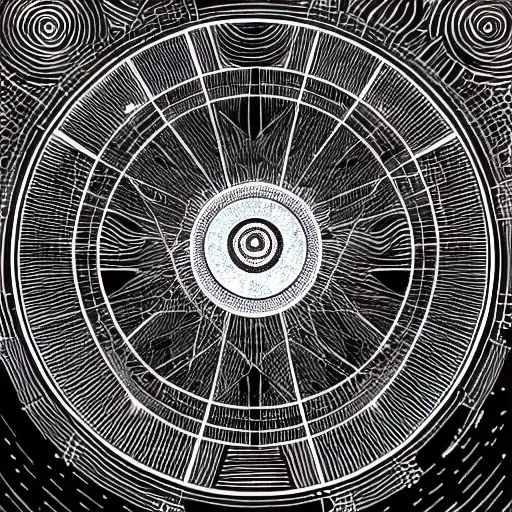 Prompt: techno buddah in front of concentric geometric radial sun portal with ancient wuji symbols embedded within it, black fine lines, stanley donwood, victo ngai