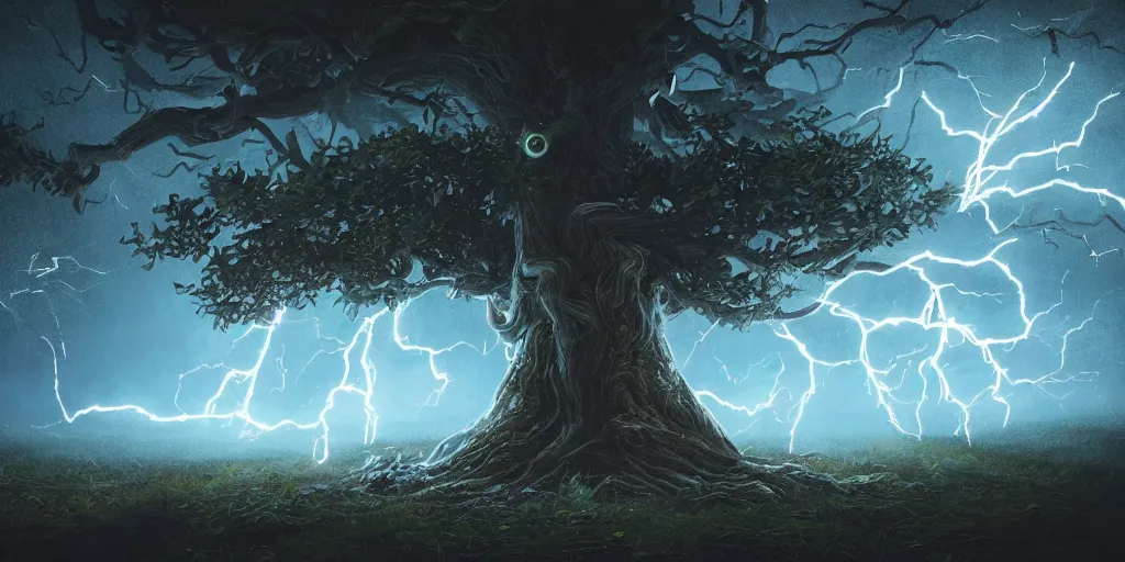 Image similar to a tree with lightning for leaves, overexposure, electricity, night, unreal engine, digital art, 8 k, oil painting, fantasy art, illustration, detailed and intricate environment