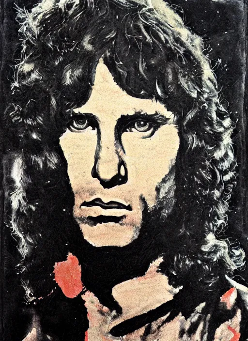 Image similar to Jim Morrison, The Doors, 1970's, Detailed, Mixed Media, Cream paper, black, red, cyan