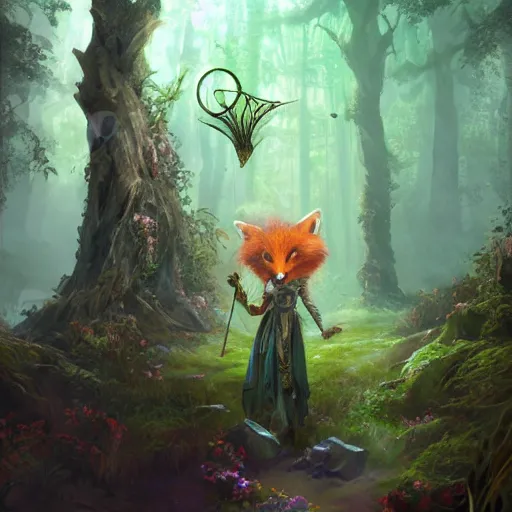 Image similar to Fearie Fox Anthropomorphized, playing Harp in magical forest, magic the gathering artwork, D&D, fantasy, cinematic lighting, centered, symmetrical, highly detailed, digital painting, artstation, concept art, smooth, sharp focus, illustration, volumetric lighting, epic Composition, 8k, art by Akihiko Yoshida and Greg Rutkowski and Craig Mullins, heroic pose, oil painting, cgsociety