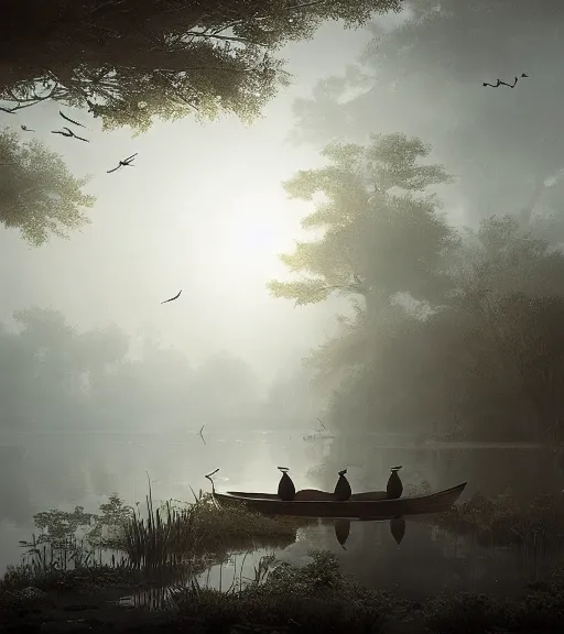 Image similar to three crows in a little boat in a swamp at night, volumetric lighting, fog, majestic light, octane render, ethereal glare of the sun, hyperrealistic, epic, masterpiece, by greg rutkowski