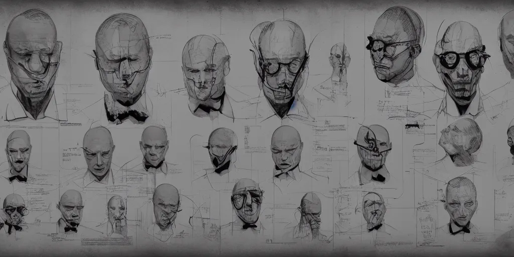 Image similar to hannibal lecter, character sheet, concept design, contrast, kim jung gi, greg rutkowski, zabrocki, karlkka, jayison devadas, trending on artstation, 8 k, ultra wide angle, pincushion lens effect