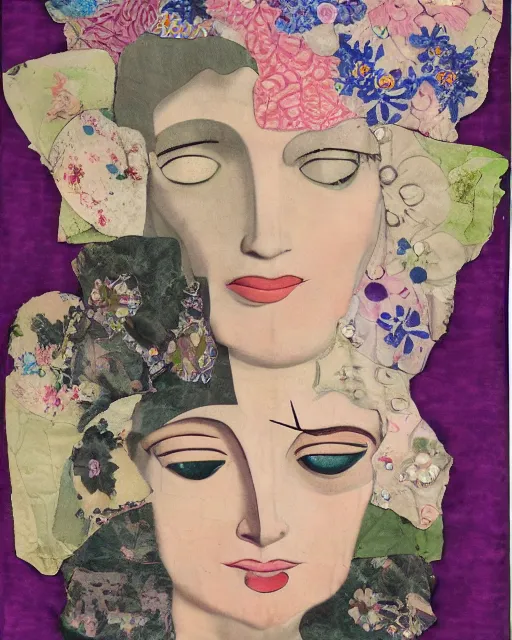 Image similar to different women's faces, cut and paste collage, mutated flowers, soft coloring, 1 9 3 0 s, silk, pearl, water stains, serene emotions