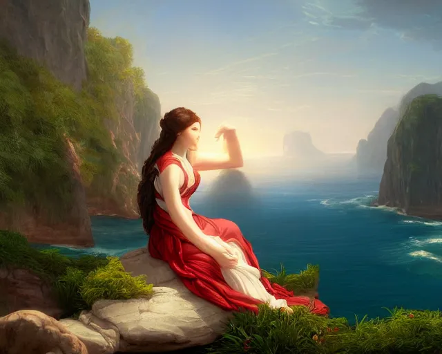 Image similar to a painting of a woman sitting on a rock overlooking an island, a digital painting by thomas cole, cgsociety, metaphysical painting, 2 d game art, storybook illustration, detailed painting