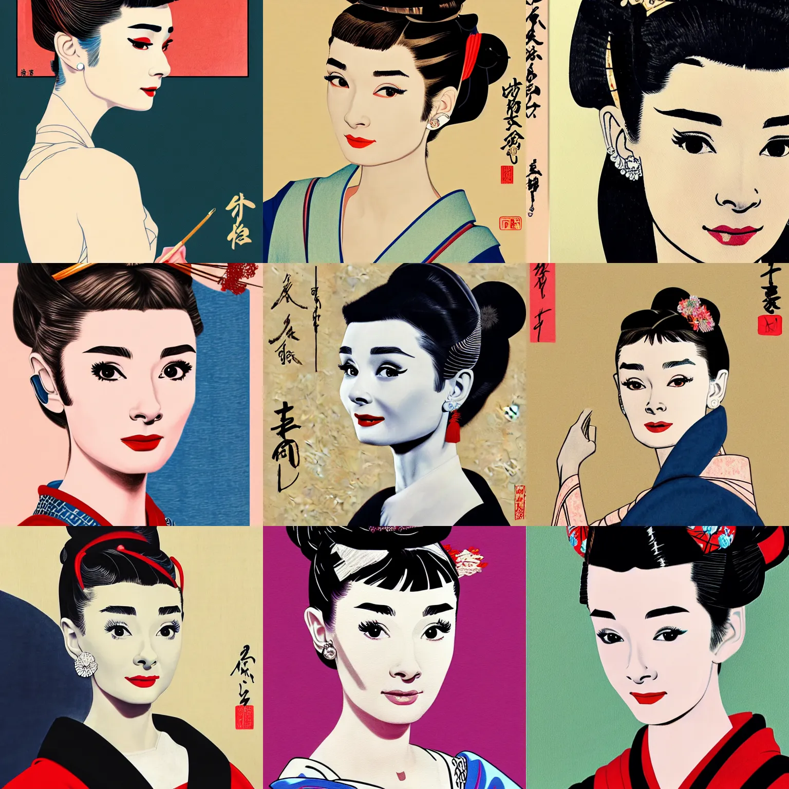 Prompt: painting of audrey hepburn as orian with hair decoration in ukiyo - e art, half body, 4 k, ultra detailed, photo realistic