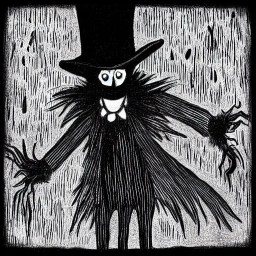 Prompt: a Pop Wonder scary horror themed goofy-hilarious-character Babadook-scarecrow-madhatter-williewonka-wearing a scarf, 3-piece-suit, dime-store-comic drawn with charcoal and pen and ink, half-tone-line-stacking