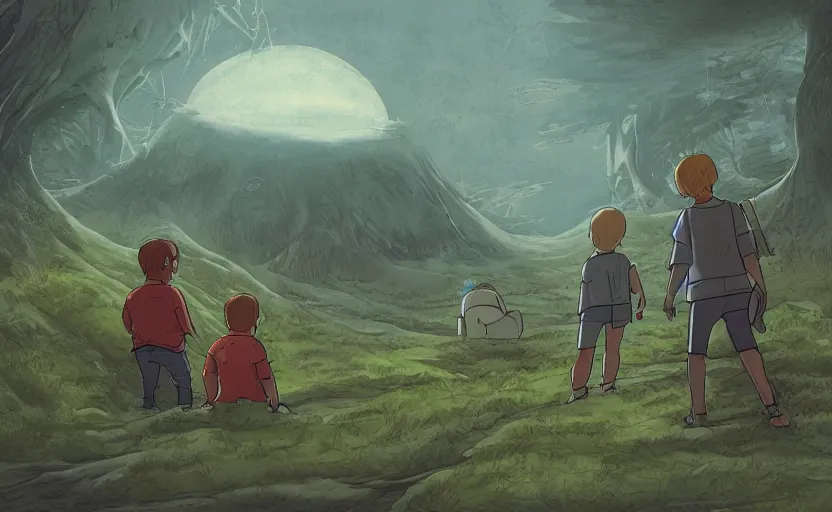 Image similar to highly detailed cell - shaded cartoon landscape with two boys looking at a miniature alien creature 1 9 7 0 s science fiction, moody, misty, depth perception, 4 k, artstation, in the style of studio ghibli