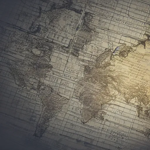 Prompt: big old fictional paper map with a handwritten bookmarks on a table near window with a sunlight pouring through and creating soft shadows over map, compass and hourglass on map, bokeh, focus on map, artstation, digital art