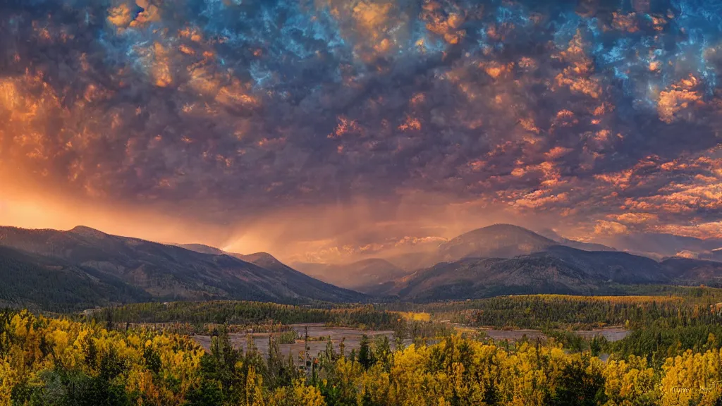 Image similar to The most beautiful panoramic landscape, oil painting, where the mountains are towering over the valley below their peaks shrouded in mist. The sun is just peeking over the horizon producing an awesome flare and the sky is ablaze with warm colors and mammatus clouds. The river is winding its way through the valley and the trees are starting to turn yellow and red, by Greg Rutkowski, aerial view