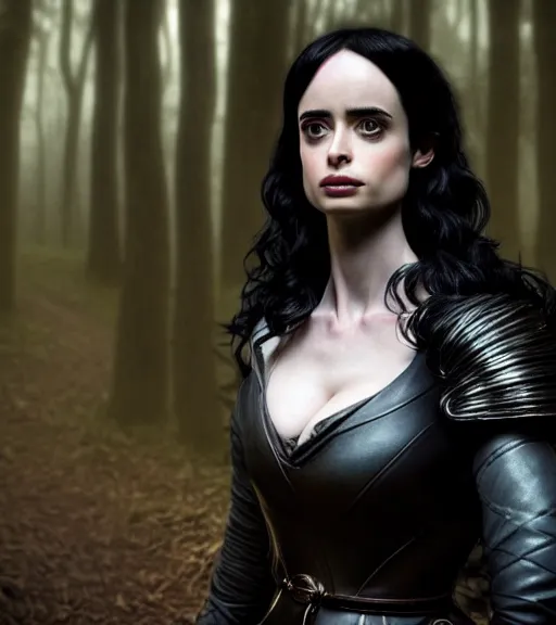 Image similar to 5 5 mm close up portrait photo of krysten ritter as yennefer of vengerberg with purple eyes in black leather armor and long black wavy hair, in a forest. magical atmosphere. art by greg rutkowski. lifelike. very detailed 8 k. intricate. soft light. nikon d 8 5 0.