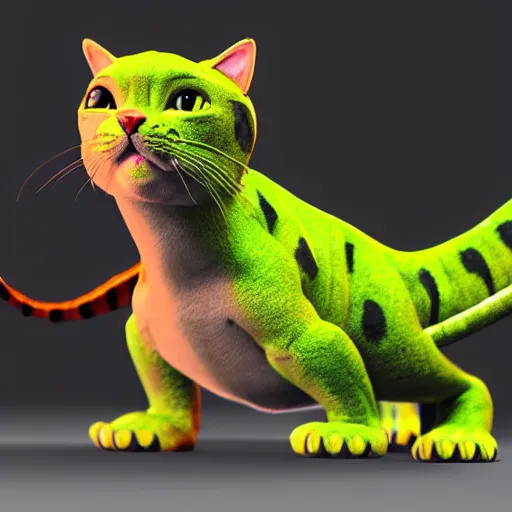 Prompt: cat wearing a dinosaur costume, studio photo, photorealistic concept art, dynamic lighting, cinematic, ray tracing