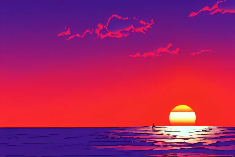 Prompt: Synthwave style sunset above the reflective sea in the style of Artstation