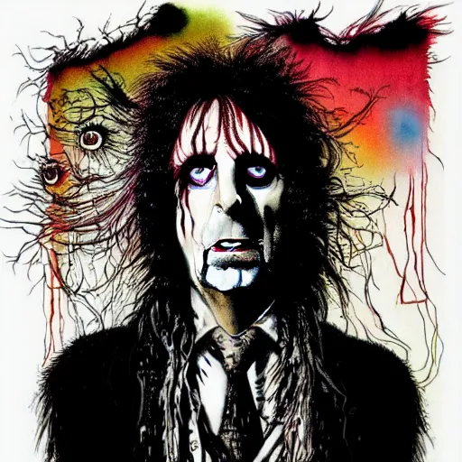 Image similar to graphic illustration, creative design, alice cooper, biopunk, by ralph steadman, francis bacon, hunter s thompson, highly detailed