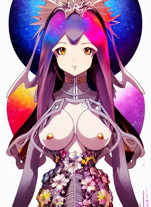 Prompt: pokemon highly detailed artgerm terada katsuya artstation manga poster of girl mechine, hajime sorayama, rainbow gradient bloom, long hair, armor, dress, laces, ruffles, 8 k, maximalist, alphonse mucha