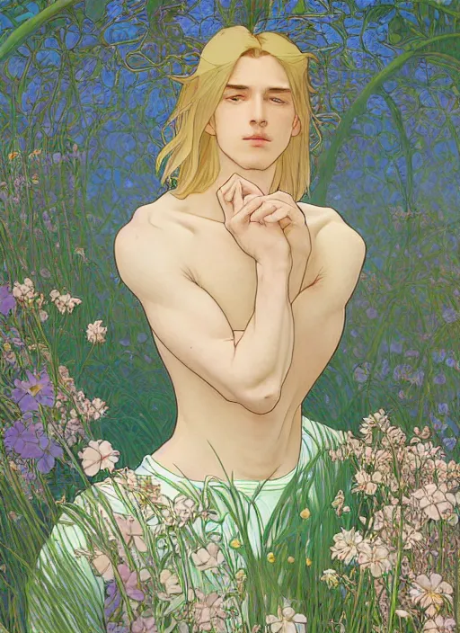 Image similar to book cover, pretty young man with shoulder length blond hair, male, half body shot, flower pattern background, path traced, highly detailed, high quality, digital painting, by studio ghibli and alphonse mucha, leesha hannigan, hidari, art nouveau, chiho aoshima, jules bastien - lepage