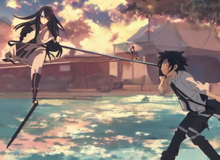 Prompt: two donuts fighting with swords, fight scene, anime, Makoto Shinkai