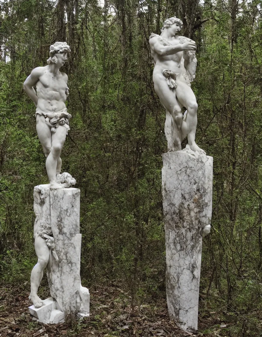 Prompt: broken greek marble statue in a forest at night, hunting for flesh, trailcam