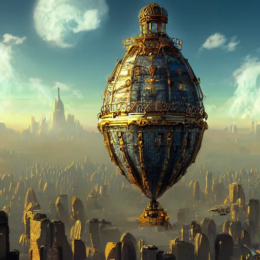 Image similar to enormous flying city in a faberge egg, sky, steampunk, fantasy art, masterpiece, unreal engine