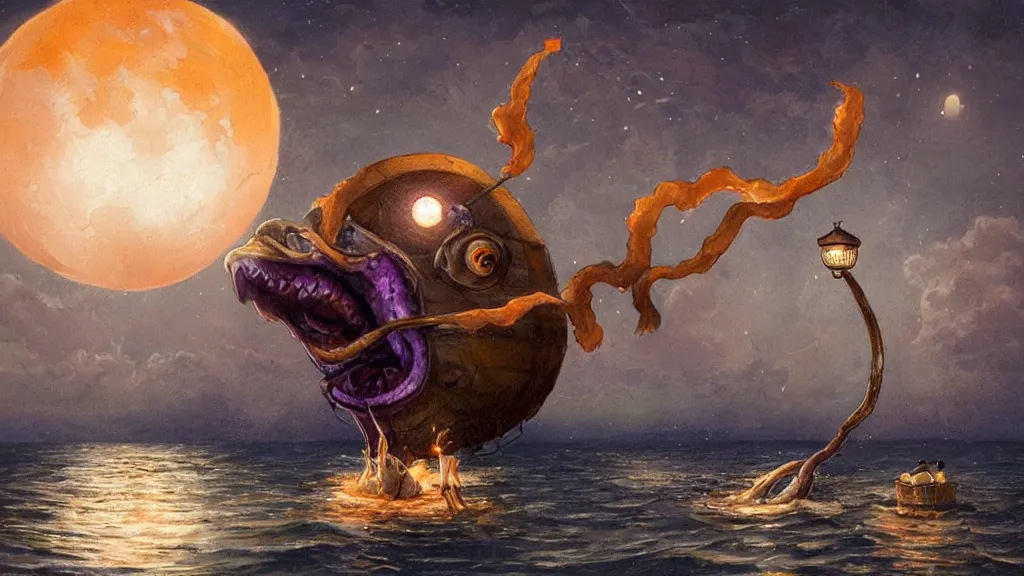 Image similar to a giant!!!! anglerfish!!!! at the surface of the water meets a lantern - holding!!!! sailor!!!! on a ( sloop ), ( background with large full moon and purple sky ), in the styles of tom coletti, jorge jacinto, and thomas veyrat intricate, accurate details