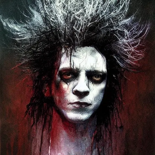 Prompt: gaunt ( the cure fan ) as dream from sandman, sadness, closed eyes, by jeremy mann, by cedric peyravernay, by ben templesmith, by dave mckean and richard avedon, dramatic lightning, dark eye sockets, in the shadows, black t - shirt, 1 9 8 0's, punk rock, gothic, high detailed, 8 k