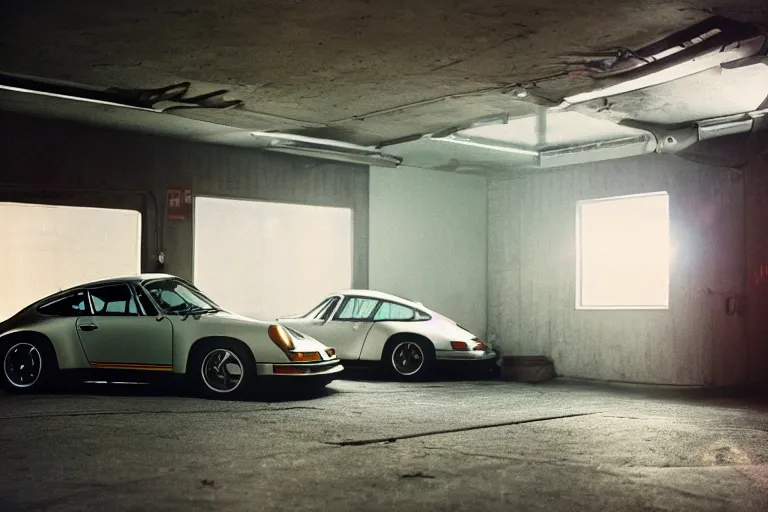 Prompt: a single 1 4 8 0 porsche 9 1 1, inside of a tokyo garage, ektachrome photograph, volumetric lighting, f 8 aperture, cinematic eastman 5 3 8 4 film