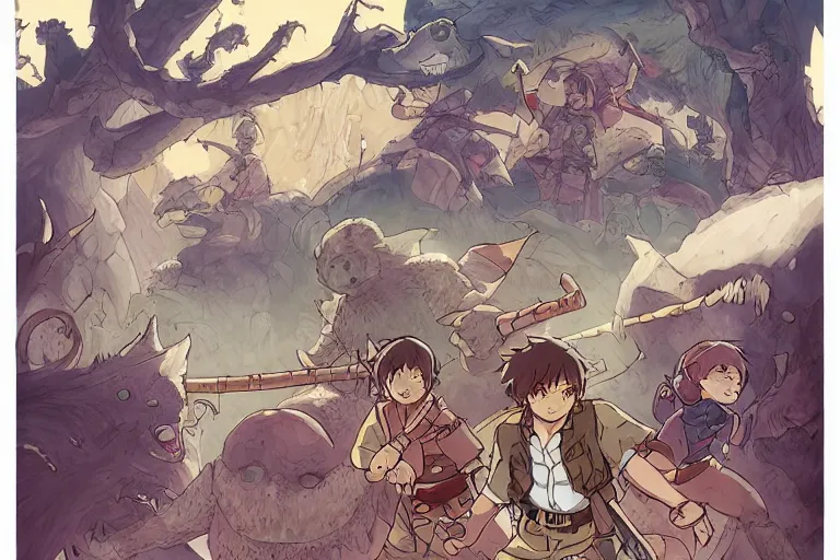 Image similar to cell shaded key visual of a group of adventurers being ambushed by monsters in a dungeon, in the style of studio ghibli, moebius, makoto shinkai,