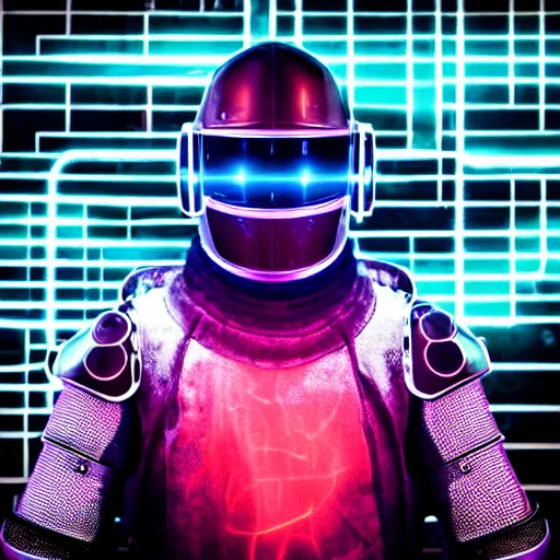 Image similar to photo of a futuristic knight cyberpunk, realistic, neon light, smoke, detailed