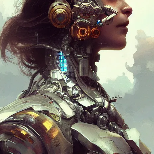 Image similar to A cyborg close up portrait, D&D, fantasy, intricate, cinematic lighting, highly detailed, digital painting, artstation, concept art, smooth, sharp focus, illustration, art by Akihiko Yoshida, Greg Rutkowski and Alphonse Mucha