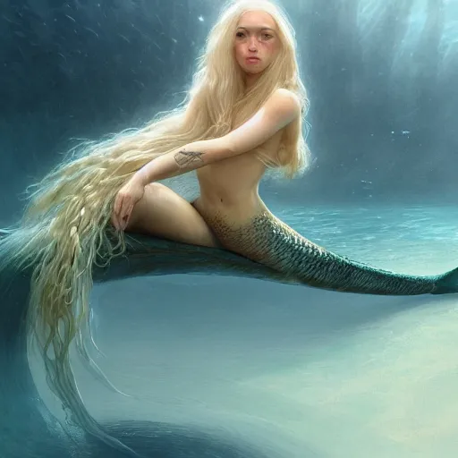 Prompt: High detail painting of a mermaid in a clam underwater fantasy world, full body, long blonde hair, blue eyes, fish tail, digital art, highly detailed, Greg Rutkowski, Chris Moore