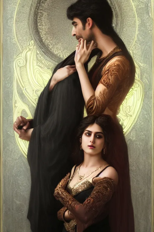 Image similar to a portrait of handsome young male indo-persian Satan and his elegant beautiful indo-persian wife, bored, illustration, dramatic lighting, soft details, painting oil on canvas, art nouveau, octane render, HDR, 4k, 8k, HD, by Edmund Blair Leighton, Brom, Charlie Bowater, trending on artstation, faces by Tom Bagshaw, Sargent