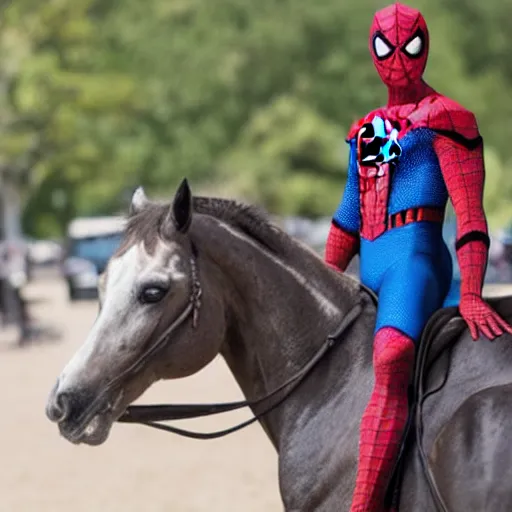 Image similar to spiderman riding a horse