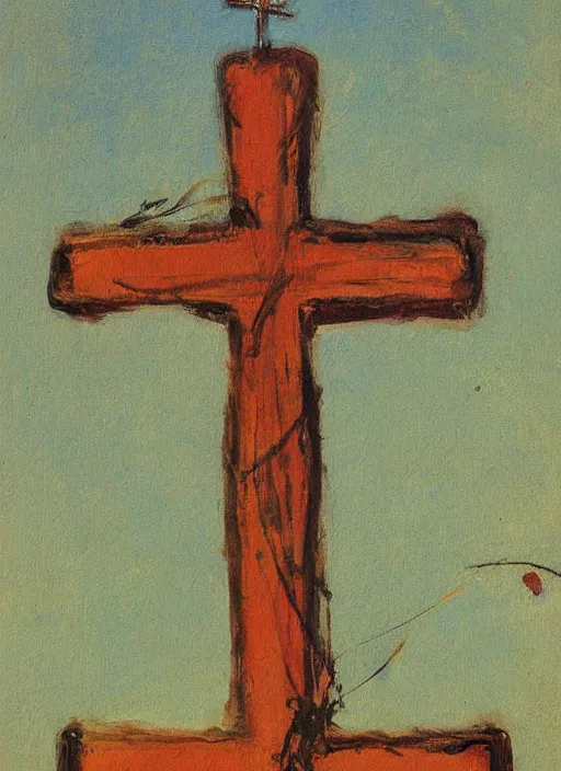 Prompt: vintage beautiful painting of a jewish cross being overgrown in Mary Cassatt style