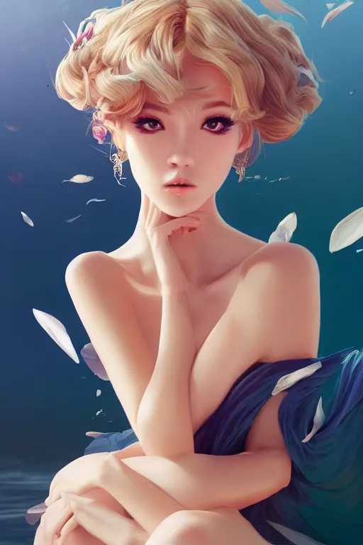 Image similar to a beautiful fashion goddness of love, chic strapless dress, tropical sea background, character design, in the style of artgerm, and wlop, cinematic lighting, hyperdetailed, 8 k realistic, symmetrical, global illumination, radiant light, frostbite 3 engine, cryengine, dof, trending on artstation, digital art