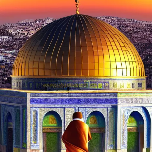 Image similar to a beautiful oil painting flyer design illustration of dome of the rock jerusalem and a muslim is praying to god in front of it, rule of thirds, sunset, highly detailed, perfect lighting, perfect composition, 4 k, artgerm, derek zabrocki, greg rutkowski - h 7 6 8