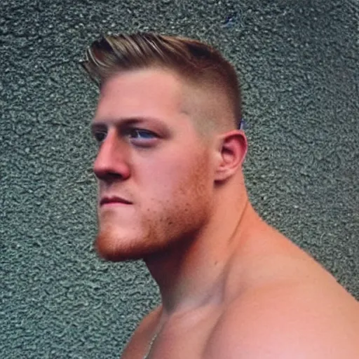 Image similar to “a realistic detailed photo of a guy who is an attractive humanoid who is half robot and half humanoid, who is a male android, football player JJ Watt, shiny skin, posing like a statue, blank stare”