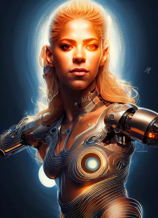 Prompt: portrait of female cyborg, shakira, intricate, elegant, glowing lines of light, highly detailed, digital painting, artstation, glamor pose, concept art, smooth, sharp focus, illustration, epic angle, art by artgerm and greg rutkowski, artey freytag