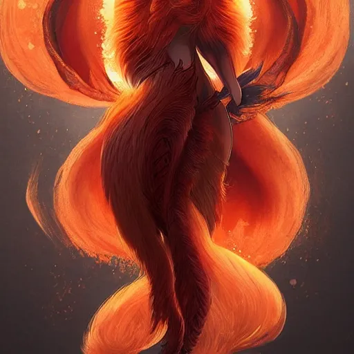 Image similar to A full-length portrait of a beautiful fire fox with nine tails，full of details, concept art, smooth, by Kittichai Rueangchaichan and wlop ，trending on cgsociety and artstation，8kHDR，light effect