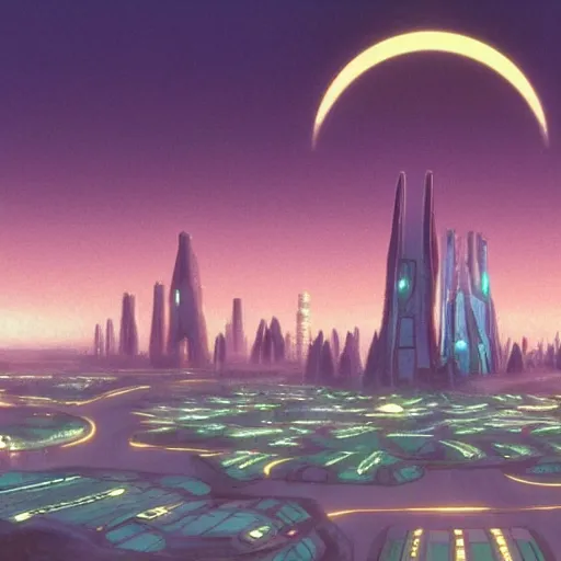 Prompt: futuristic alien city, dawn, studio ghibli