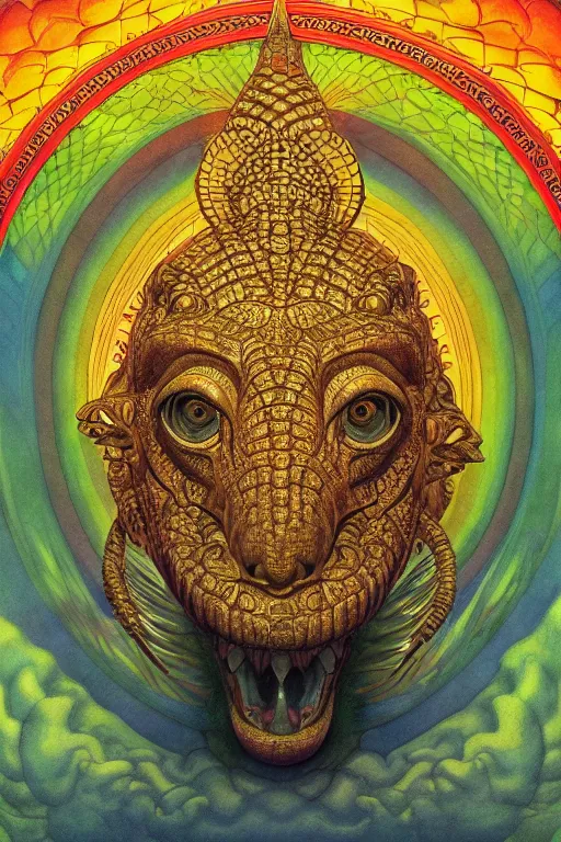 Prompt: beautiful crocodile head god by maxfield parrish, mandala, coherent design, symmetrical, vivid colors, digital watercolor ink illustration painting, complementary color, golden ratio, detailed, sharp lines, sharp focus, intricate, rainbowshift, artgerm, gustave dore, alphonse mucha, octane render