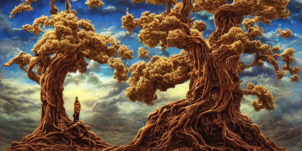 Prompt: tree of life destroyed Michael Whelan by Jeff Easley photorealistic by Edmonia Lewis, cinematic, coherent, realistic faces, clear, detailed, intricate, dramatic lighting, establishing shot, 8k resolution