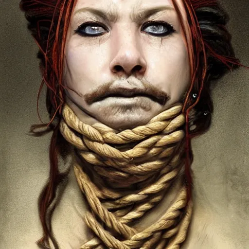 Image similar to portrait of a Shibari rope wrapped face and neck, headshot, insanely nice professional hair style, dramatic hair color, digital painting, of a old 17th century, old cyborg merchant, mouth wired shut, amber jewels, baroque, ornate clothing, scifi, realistic, hyperdetailed, chiaroscuro, concept art, art by Franz Hals and Jon Foster and Ayami Kojima and Amano and Karol Bak,