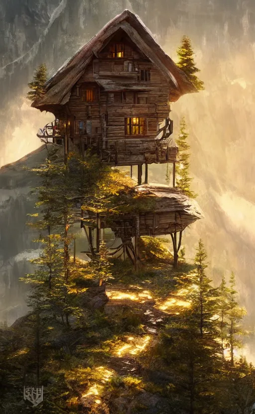 Image similar to cabin high on a mountain, the valley beneath, dynamic lighting, photorealistic fantasy concept art, trending on art station, stunning visuals, creative, cinematic, ultra detailed