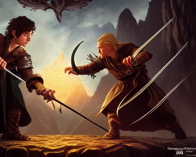 Image similar to frodo fighting legolas, deep focus, d & d, fantasy, intricate, elegant, highly detailed, digital painting, artstation, concept art, matte, sharp focus, illustration, hearthstone, art by artgerm and greg rutkowski and alphonse mucha