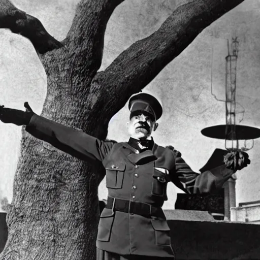 Prompt: Charlie chaplain dressed in military garb, pointing at a tree, modern warfare 2